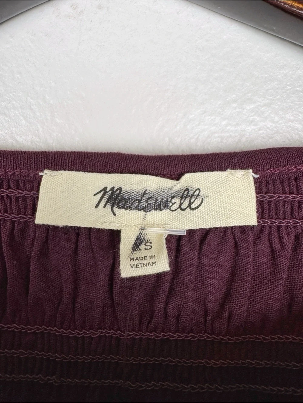 Madewell Smocked Cotton Boatneck Puff Sleeves Slim Fit Top Burgundy Size XS NWT